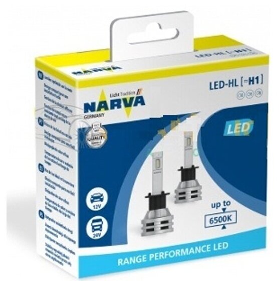 Лампа Narva H1 Range Performance LED 12/24V (P14,5s) 6500K 16W, встр. CANbus, 2шт, 18057