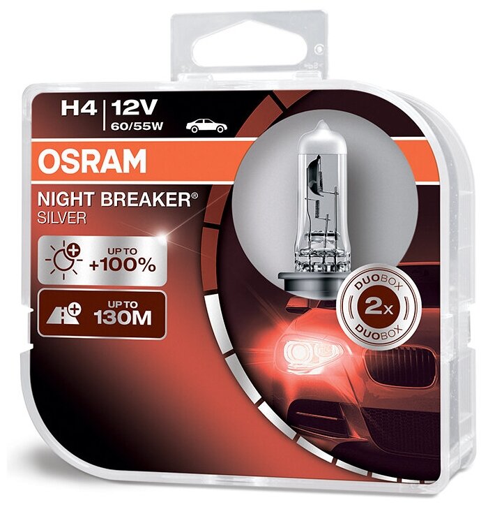 Лампа автомобильная галогенная OSRAM NIGHT BREAKER SILVER H4 64193NBS-HCB 12V 60/55W P43t 2 шт.