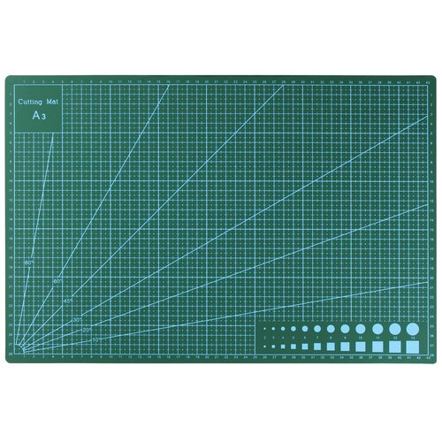 фото Коврик для макетирования и резки а3 двусторонний с самовостанавливающимся покрытием 420 x 297 х 3мм. цвет сине-зеленый с разметкой и геометричиескими рисунками. iqzip