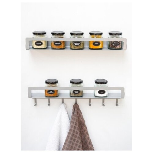 Полка для кухни металлическая HANNA 49,5х7,5. 2 полки с крючками. Металлик.