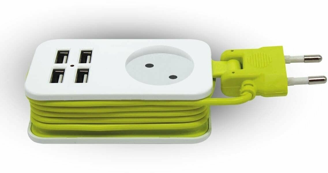 Удлинитель 1х1.5м без заземл. S-CT1-1.5U WHITE-GREEN Travel 4USB2.1A. бел. с салатовым