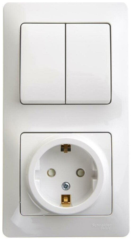 Блок Schneider Electric Glossa с двухклавишным выключателем и розеткой с заземлением со шторками белый
