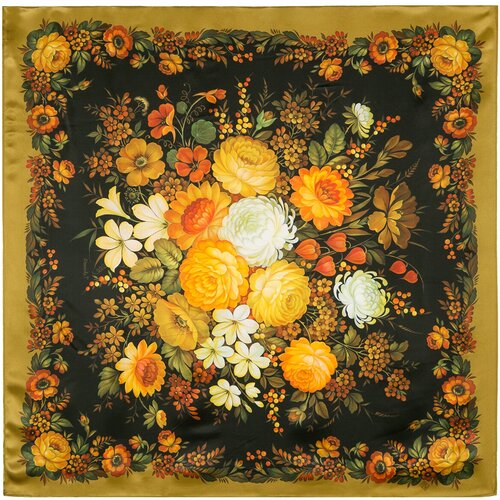 Платок Павловопосадская платочная мануфактура,89х89 см, зеленый, оранжевый