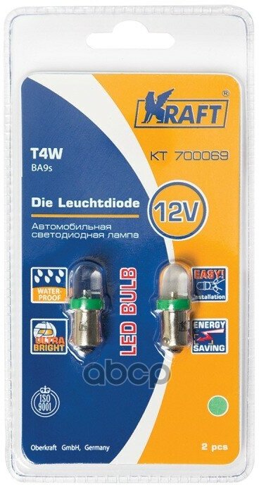 Светодиодная Лампа T4w (Ba9s) 12V Green (2 Шт. блистер) Kraft арт. KT 700069