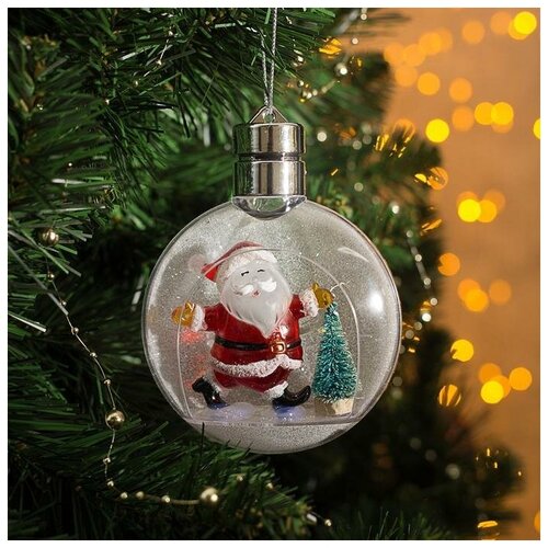 Ёлочный шар Дед Мороз, батарейки, 5 LED, свечение тeплое белое бесцветный, прозрачный