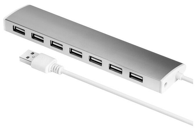 USB Hub 2.0 на 7 портов, 0.6m, Plug &Play, LED, silver + разъем для доп питания
