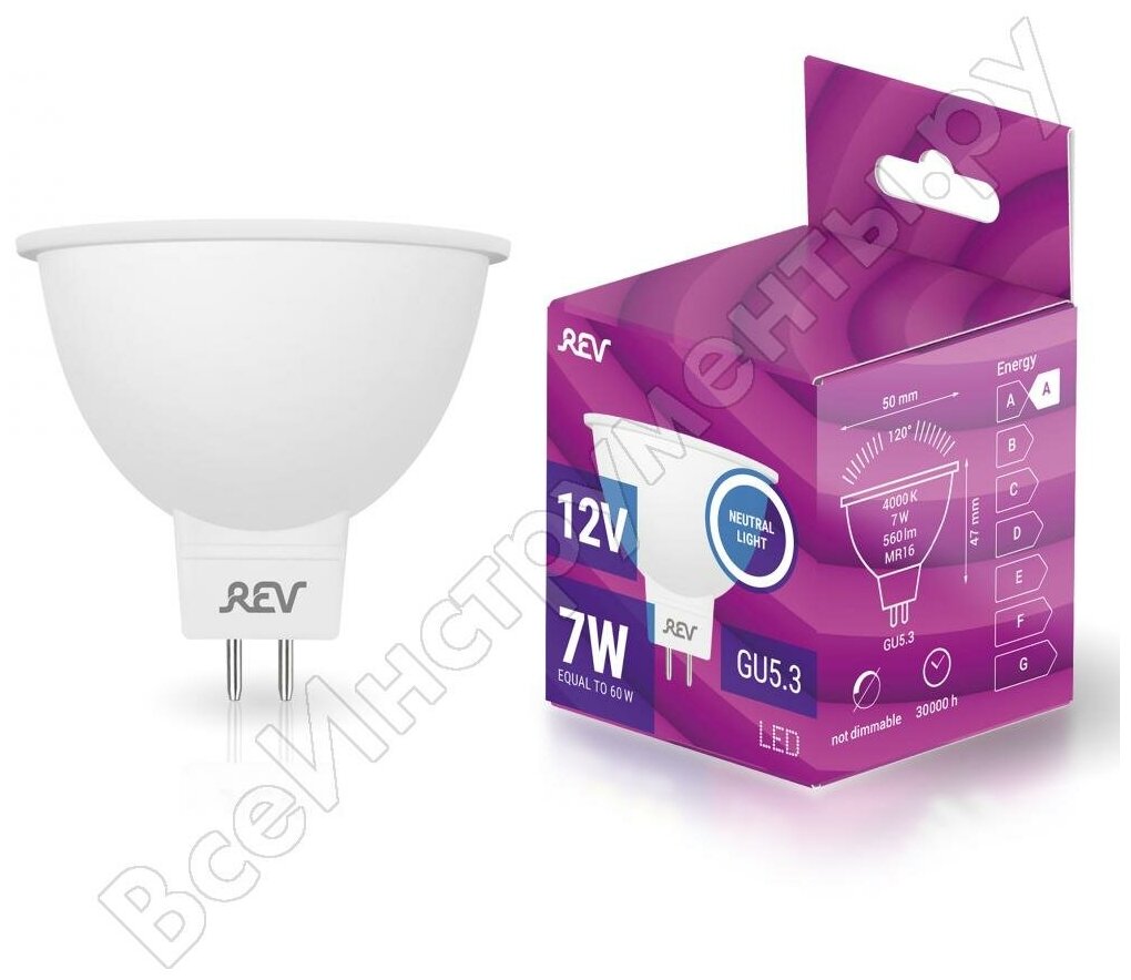 REV Лампа светодиодная LED MR16 GU5.3 7W 600Лм, 4000K, холодный свет, 12V , 32374 7