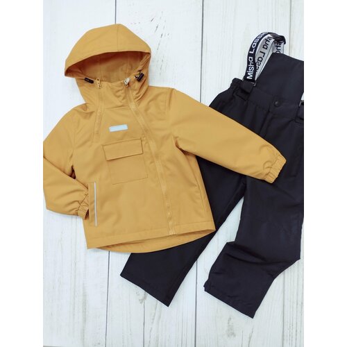 Комплект с полукомбинезоном Мой Ангелок демисезонный, несъемный капюшон, карманы, мембранный, ветрозащита, светоотражающие элементы, водонепроницаемый, размер 98, горчичный