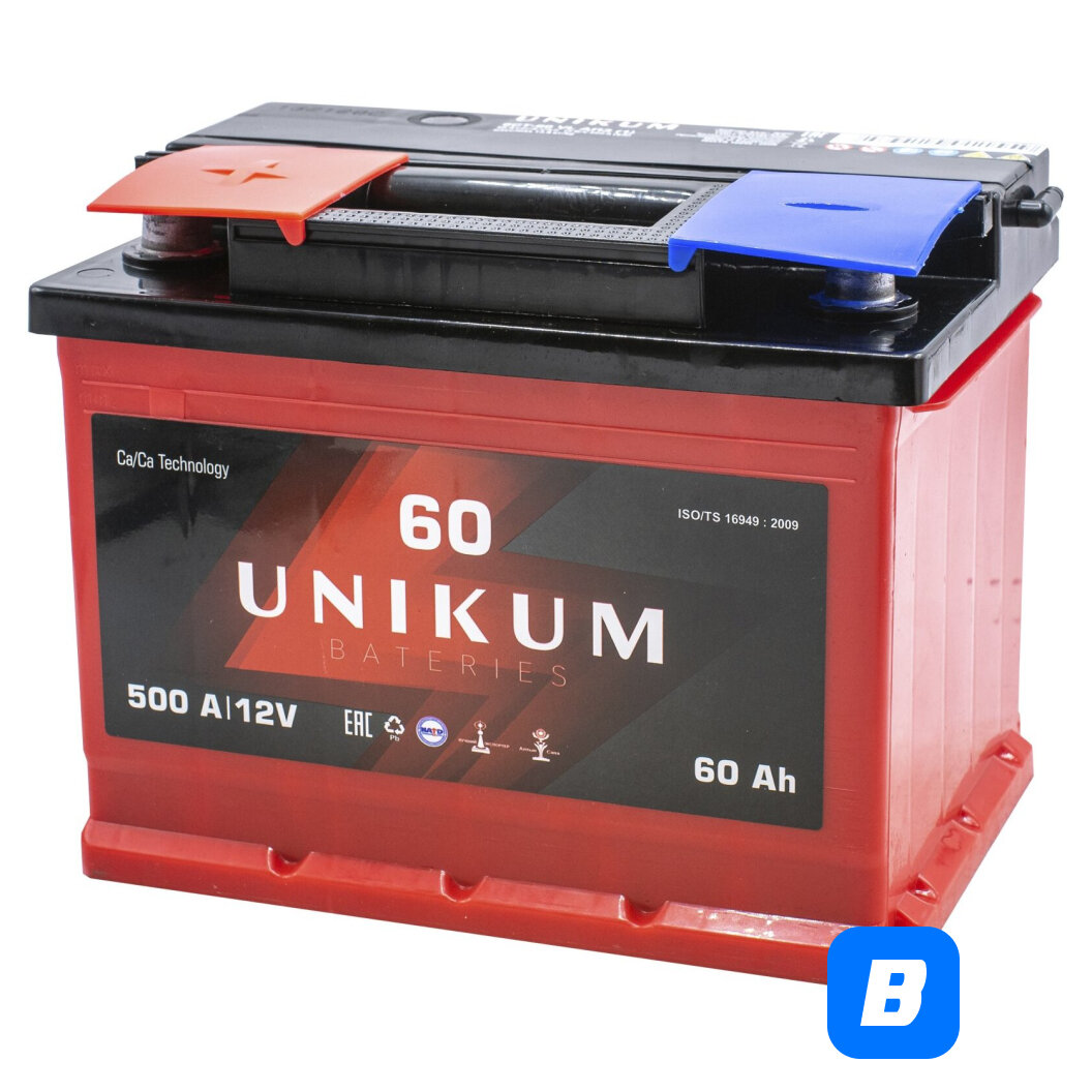 Аккумулятор UNIKUM 60 Ач 500 А прямая полярность, 242x175x190 мм — фото 1