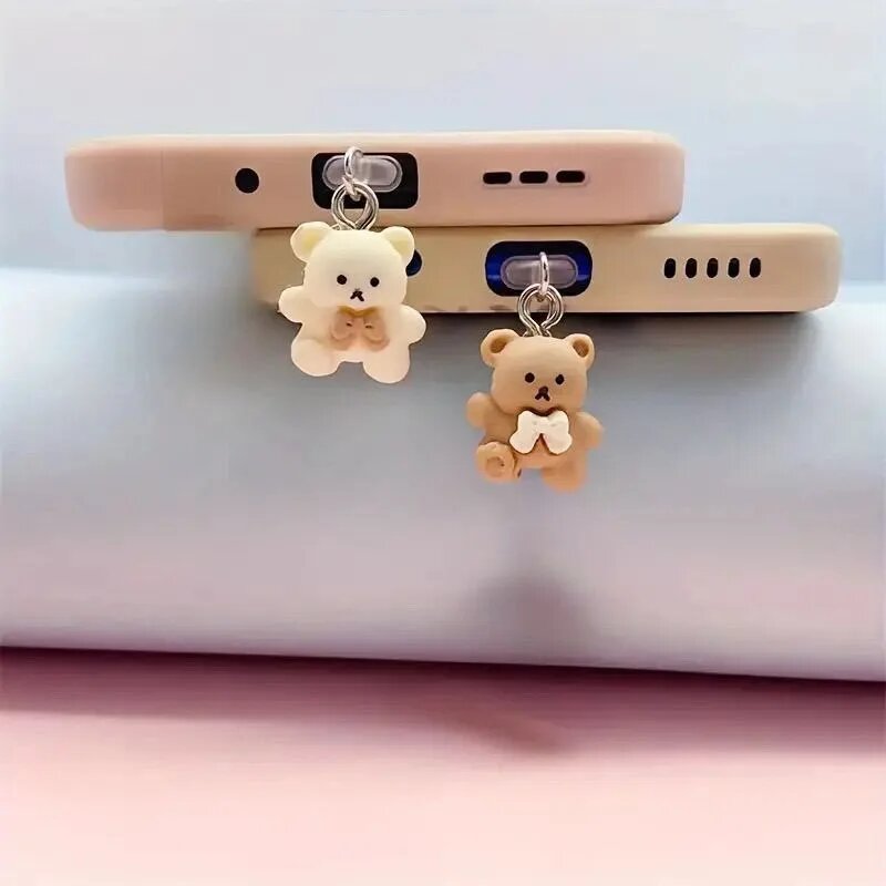 Милый маленький медвежонок 2D подвеска для телефона подходит для IPhone для Samsung Type-C интерфейс пылезащитная заглушка аксессуар украшение, Green Type-C — фото 1