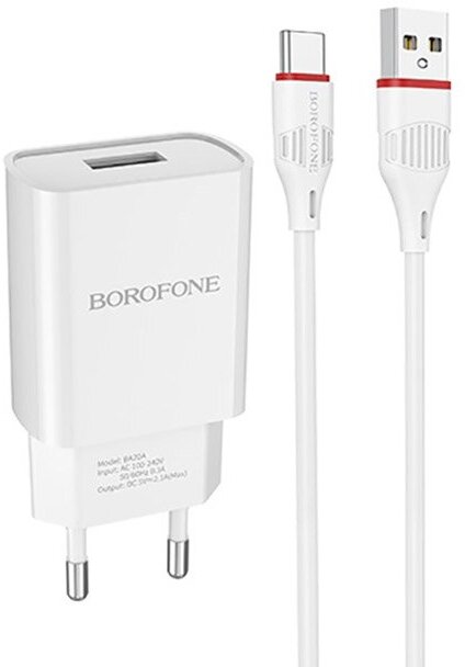 Зарядное устройство Borofone BA20A Sharp 1xUSB 2.1А + кабель Type-C White 6931474700742