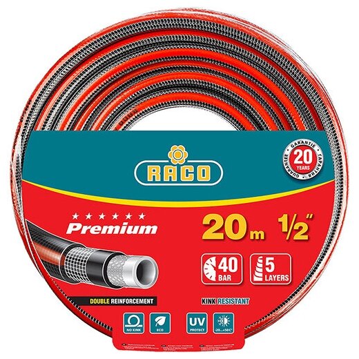 Поливочный шланг RACO Premium 1/2, 20 м, 40 атм, пятислойный, усиленный двумя слоями армирования 40300-1/2-20 - фотография № 11