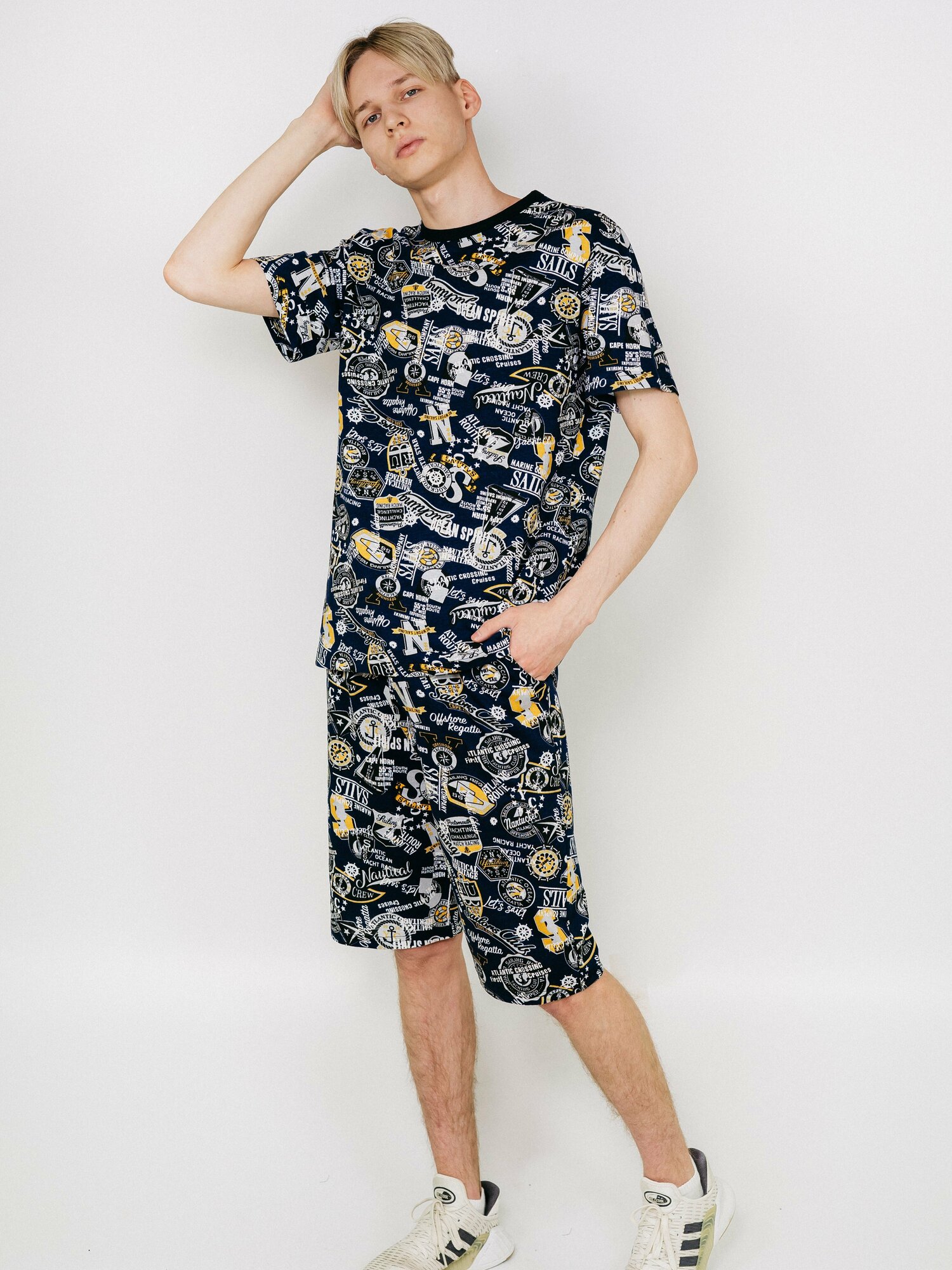 Мужская пижама, мужской пижамный комплект ARISTARHOV, Футболка + Шорты, Синий серый, размер 52 - фотография № 8