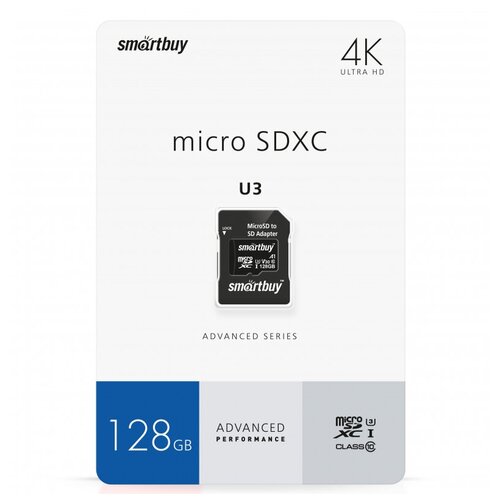 Карта памяти Smartbuy micro SDXC 128Gb Advanced Series UHS-I U3 V30 A1 + ADP (90/55 Mb/s) карта памяти микро сд 128 гб micro sd флешка оптом 10 шт