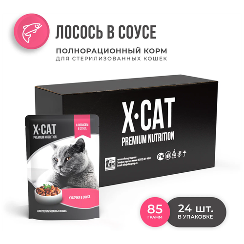 Влажный корм для стерилизованных кошек X-CAT с лососем 24 шт. х 85 г (кусочки в соусе) cat lunch консервы для стерилизованных кошек и кастрированных котов cat lunch кусочки в соусе с индейкой 85 гр 24 шт