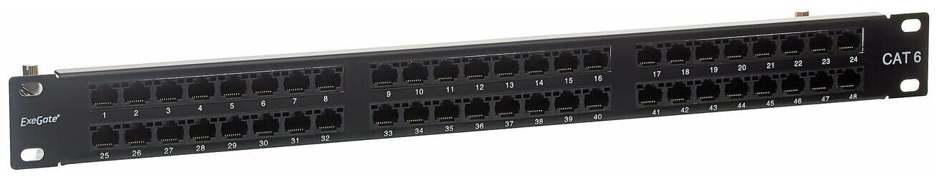 Патч-панель ExeGate EPPHD-19-48-8P8C-C6-110D (19", UTP, 48 port, cat.6, KRONE&110(dual IDC), 1U, RoHS, с кабельным органайзером, Black, RTL) EX281082RUS