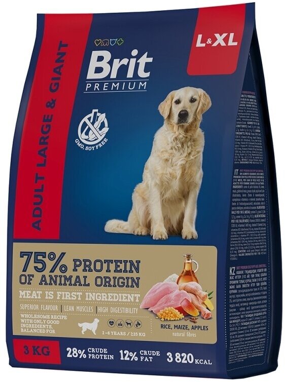 Brit Premium Dog Adult Large and Giant корм сухой с курицей для взрослых собак крупных и гигантских пород 1шт -3кг