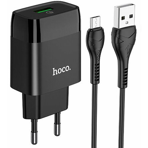 Сетевое зарядное устройство Hoco C72Q (1USB/5V/3A PD18W+QC3.0 + кабель MicroUSB) (черное) зарядное устройство hoco c72q белый qc3 0 1xusb 3a кабель microusb