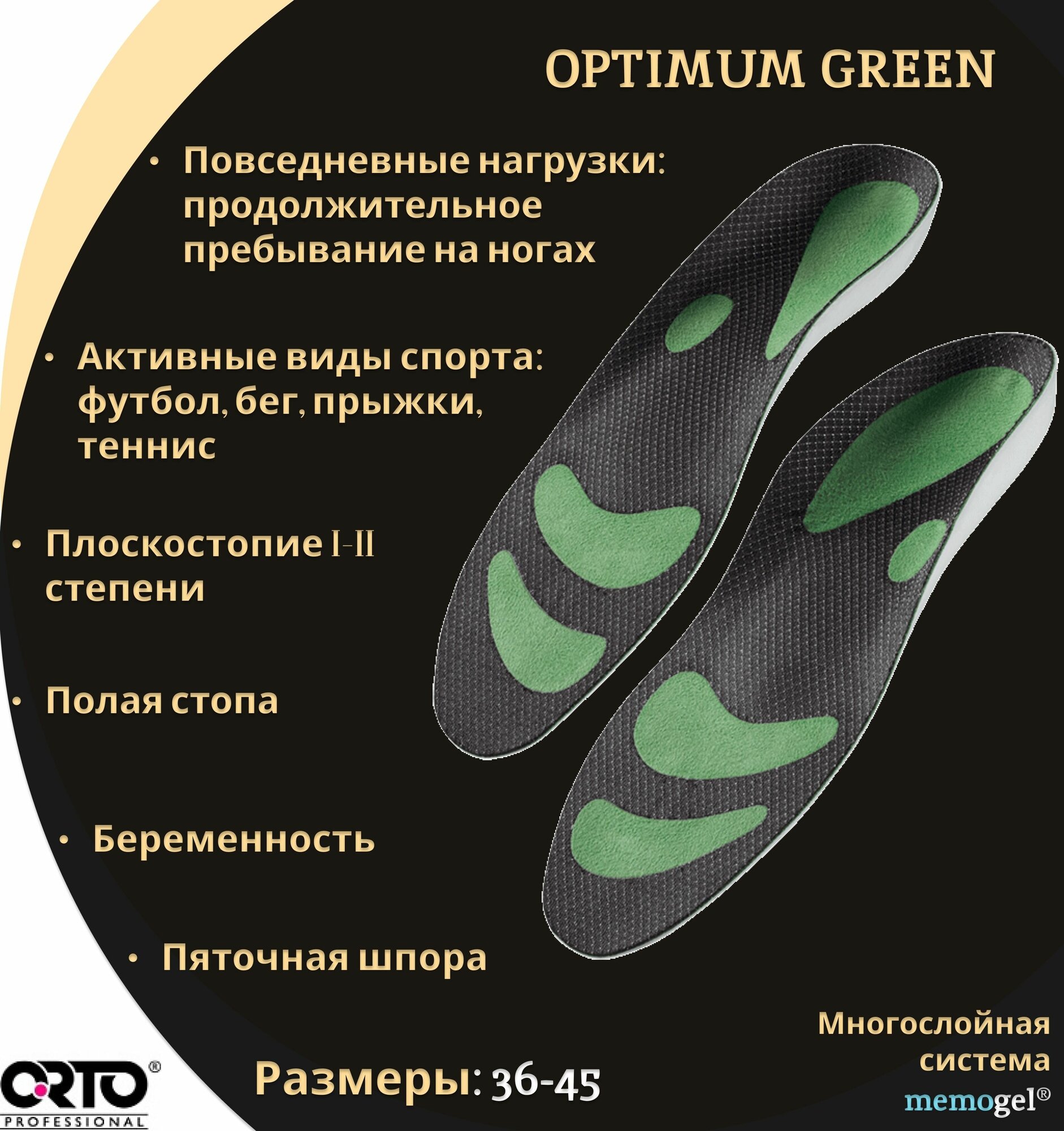 Cтельки ортопедические мужские женские каркасные антибактериальные с эффектом памяти для бега Orto Professional Optimum Green, от плоскостопия, при пяточной шпоре, размер 45