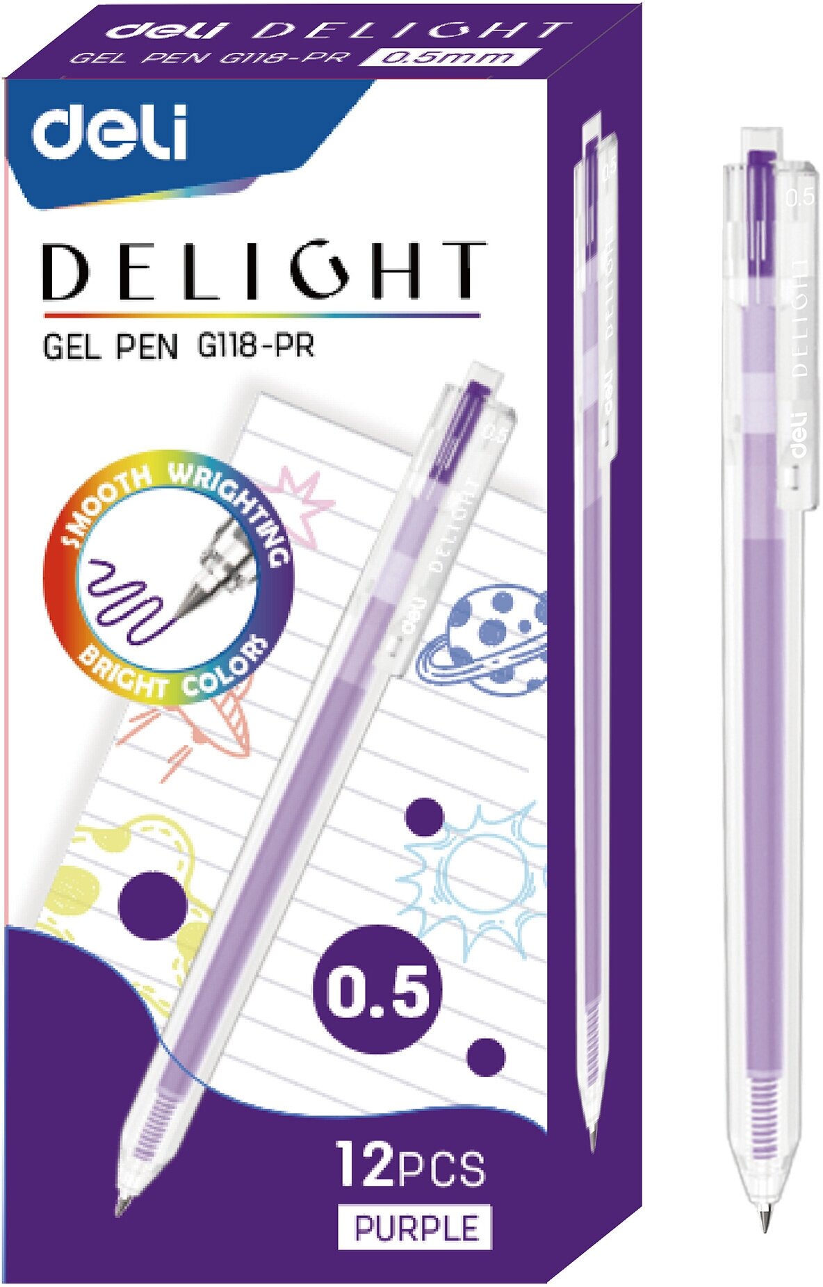 Ручка Deli гелев. Delight прозрачный фиол. черн. линия 0.5мм