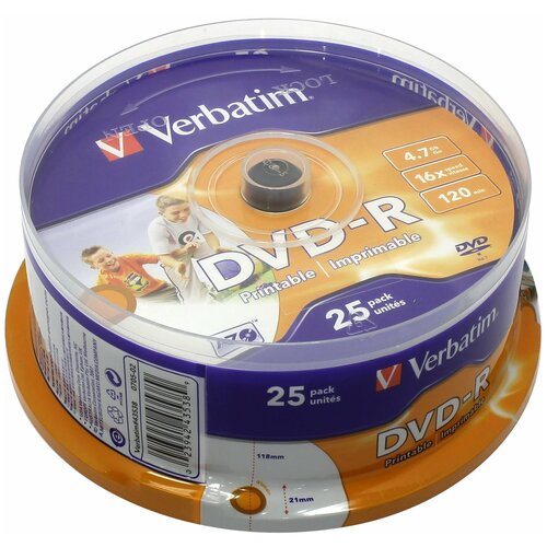 Носители информации DVD-R Printable, 16x, Verbatim Azo Wide, Cake/25, 43538