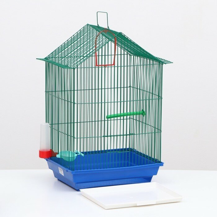 Клетка для птиц большая, крыша-домик (с наполнением), 35 х 28 х 55 см, синий - фотография № 13