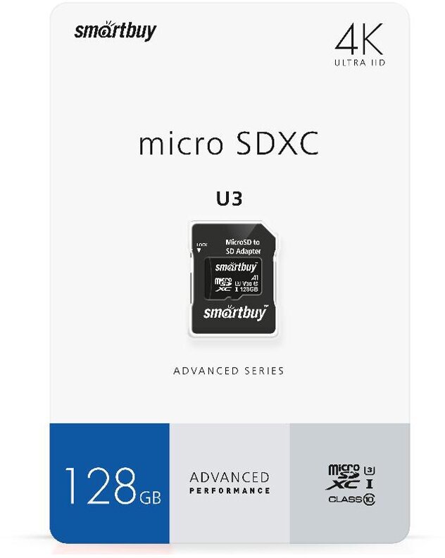 Карта памяти SmartBuy micro SDXC 128Gb Advanced Series UHS-I U3 V30 A1 + ADP (90/55 Mb/s) - фото №1