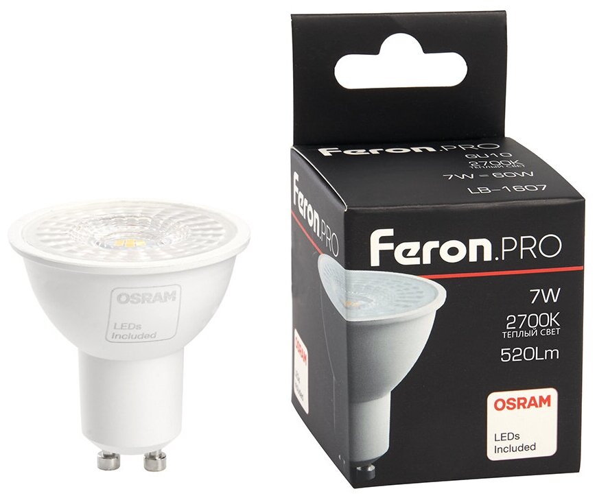 38176 Лампа светодиодная Feron.PRO LB-1607 GU10 7W 2700K, упаковка 10шт