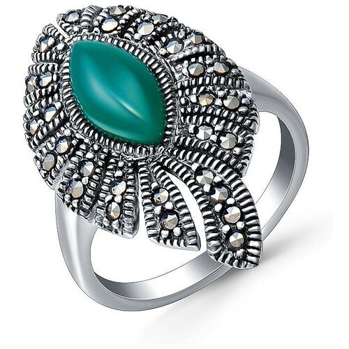 Перстень Silver WINGS, серебро, 925 проба, агат, марказит, размер 17.5, зеленый кольцо с марказитами и фианитом из серебра