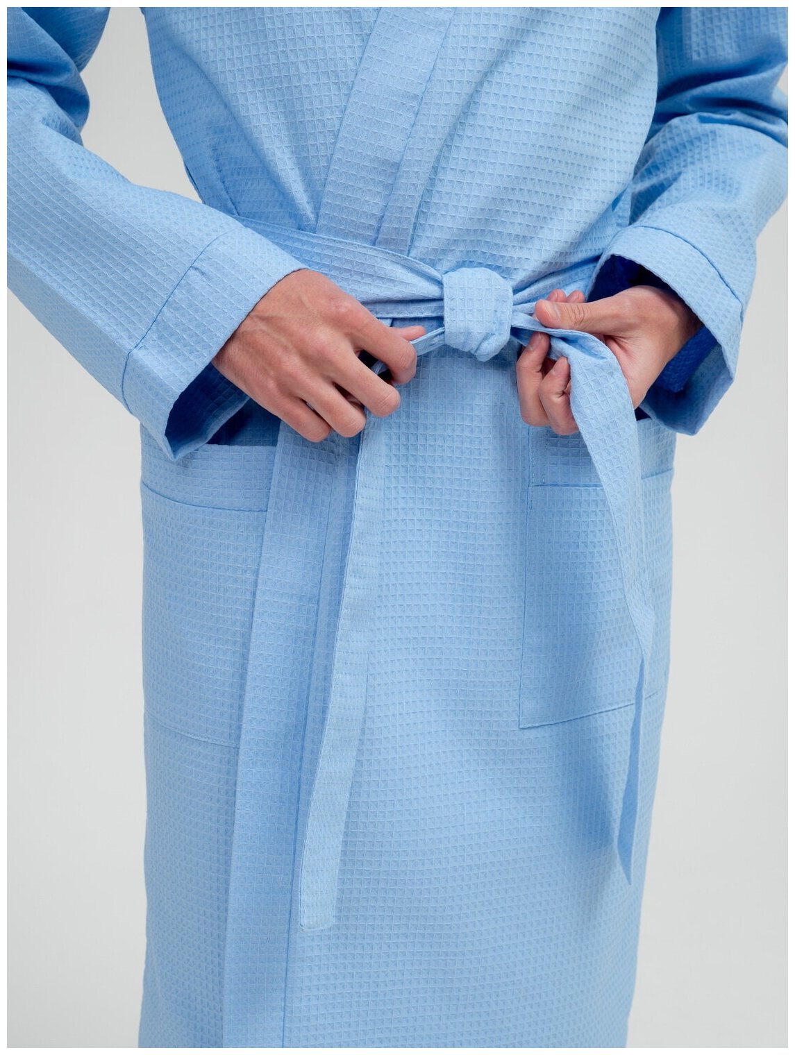 Мужской вафельный халат с планкой, голубой. Размер: 50-52 - фотография № 7