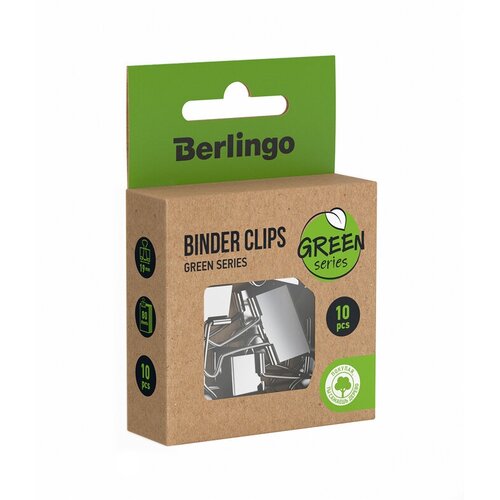 Зажимы для бумаг металлические Berlingo Green Series (19мм, до 80 листов) крафт-упаковка, 10шт, 24 уп. (BC_1019J)