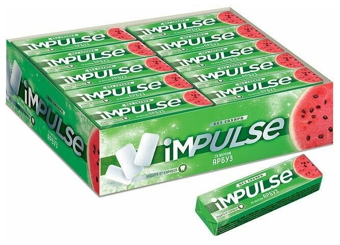 Impulse, жевательная резинка со вкусом Арбуз, без сахара, 14 г (упаковка 30 шт.) - фотография № 2