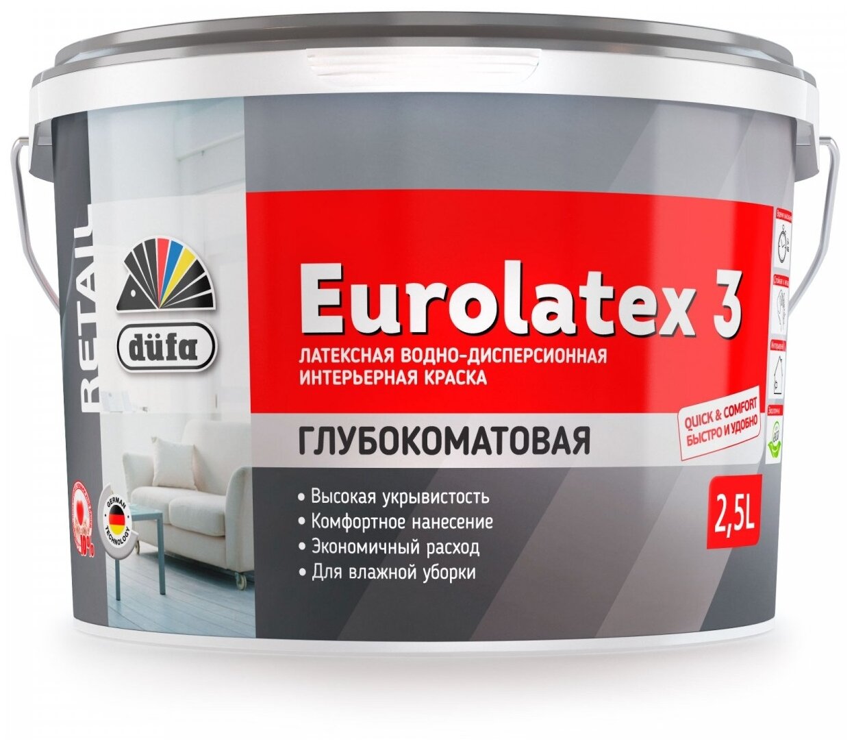 Краска акриловая Dufa Retail Eurolatex 3 глубокоматовая белый 2.5 л