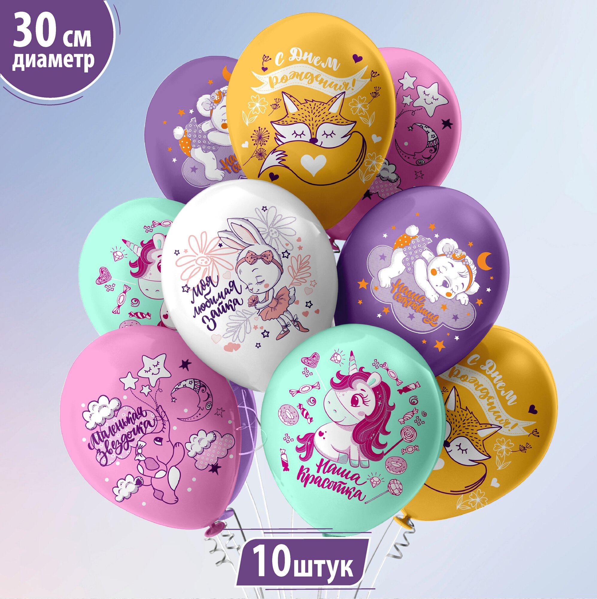 Воздушные шары набор с надписями с днем рождения для украшения на праздник 10 шт