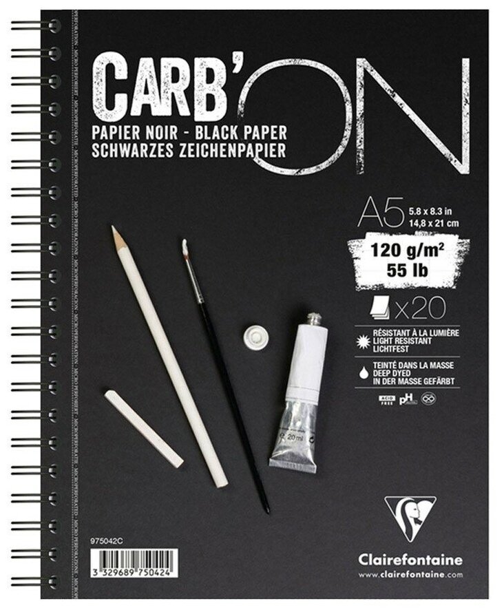 Бумага для графики Clairefontaine Скетчбук "Carb'ON" А5 120г/м2 черн, 20л, мелкозер, Clairefontaine, спираль