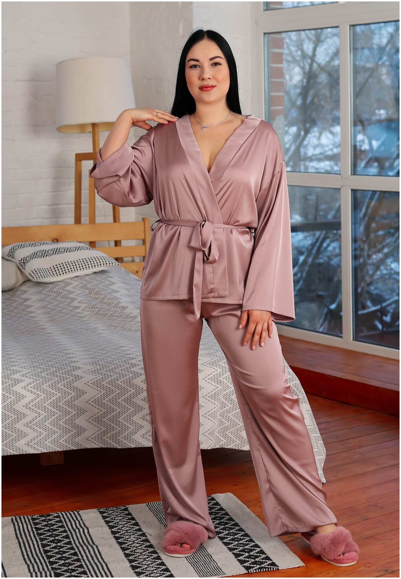 Пижама женская со штанами шелковая одежда для дома и сна - фотография № 4