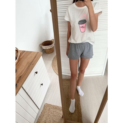 Пижама , шорты, футболка, короткий рукав, размер 52, белый, серый