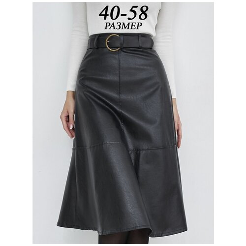 Din Go, Юбка женская кожаная черная экокожа, модная миди А-силуэт струящаяся, в офис нарядная тренд 2022 - 2023