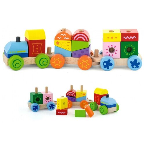 деревянные игрушки деревянный поезд для нахождения детская игрушка поезд гризли поезд монтессори VIGA Конструктор Поезд (14 деталей+3 платформы на колесах) VG50534 с 2 лет