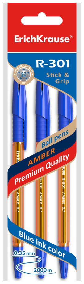 Ручка шариковая Erich Krause R-301 Amber 0.7 Stick&Grip в наборе из 3 штук пакет - фото №2