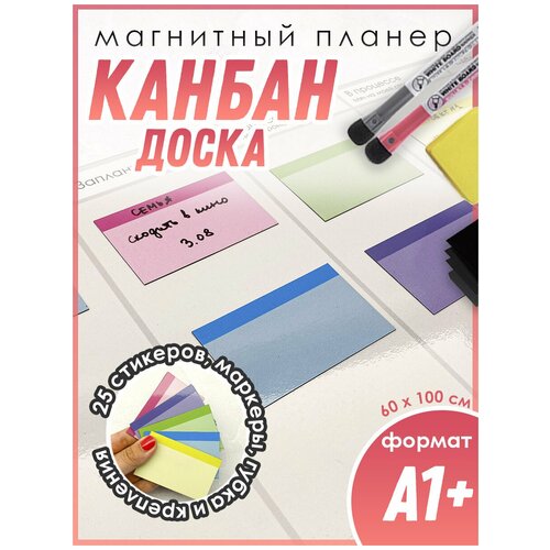 Канбан доска планер магнитный А1 60 х 100 см со стикерами креплениями маркерами и губкой 4990₽