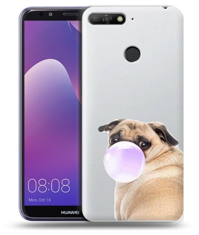 Полупрозрачный дизайнерский силиконовый чехол для Хуавей Y6 Прайм 2018 / Huawei Y6 Prime 2018 Мопс и жвачка