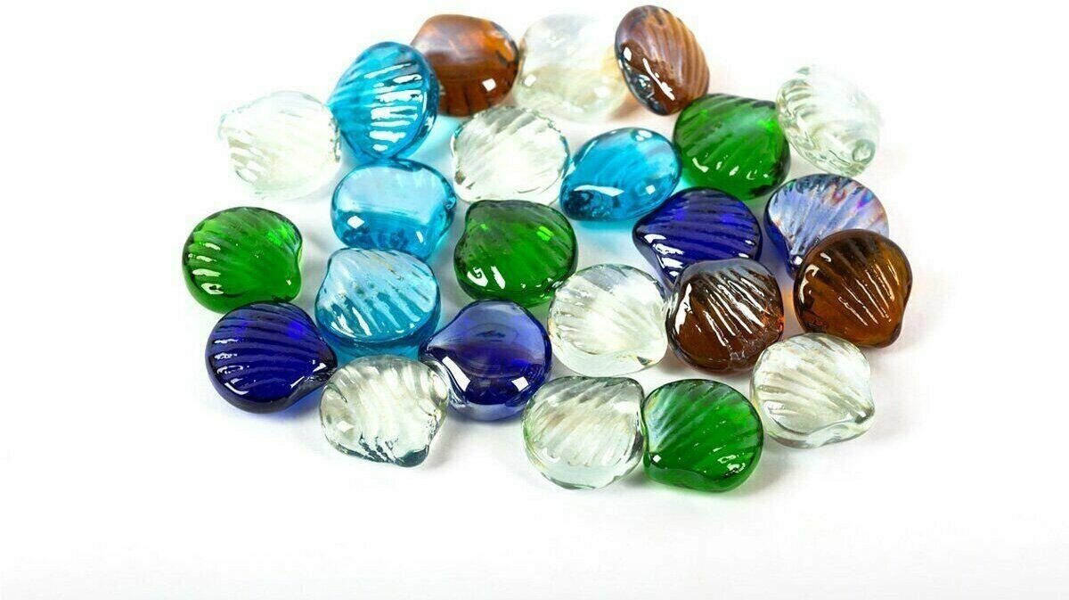 фото Камни стеклянные 340г №03 ракушка 25x28мм "марблс" ассорти, Blumentag GLG-07