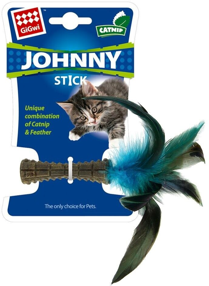 Мышка Игрушка для кошек GiGwi Johnny Stick кошачья мята с перьями прессованная 8 см - фотография № 5