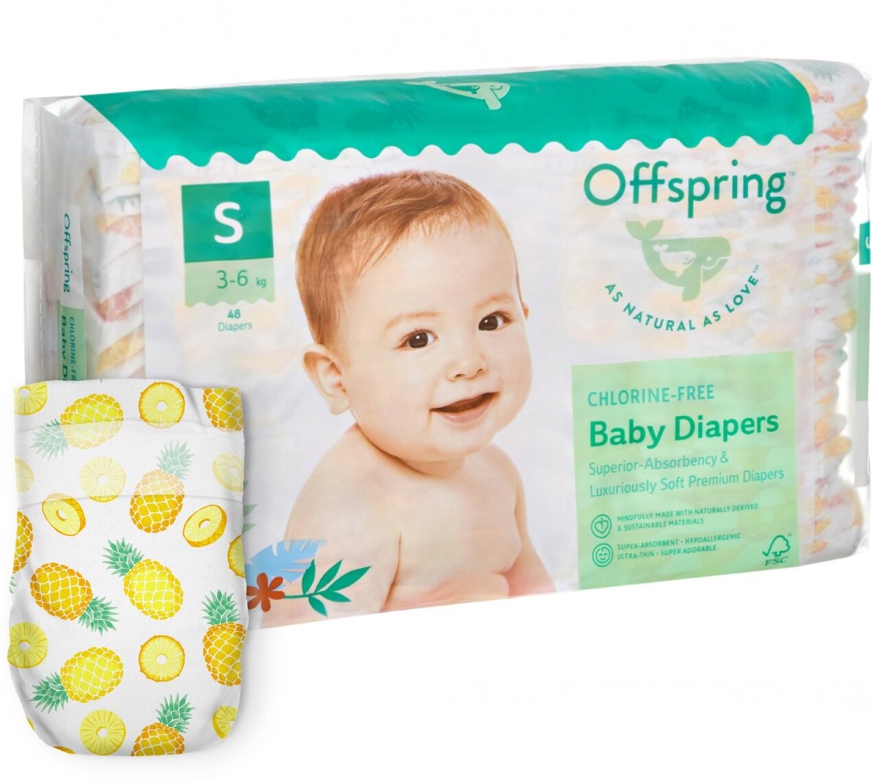 Offspring подгузники, S 3-6 кг. 48 шт. расцветка Ананасы