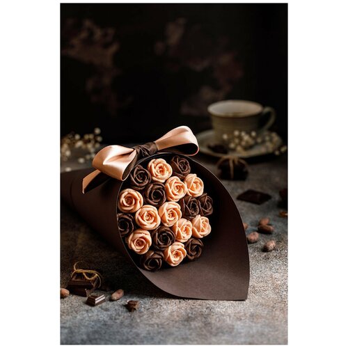 Шоколадные розы в букете из коричневых и розовых розочек - 19 шт. Букет в коричневой обёртке. CHOCO STORY,228 гр. B19-SH-RSH