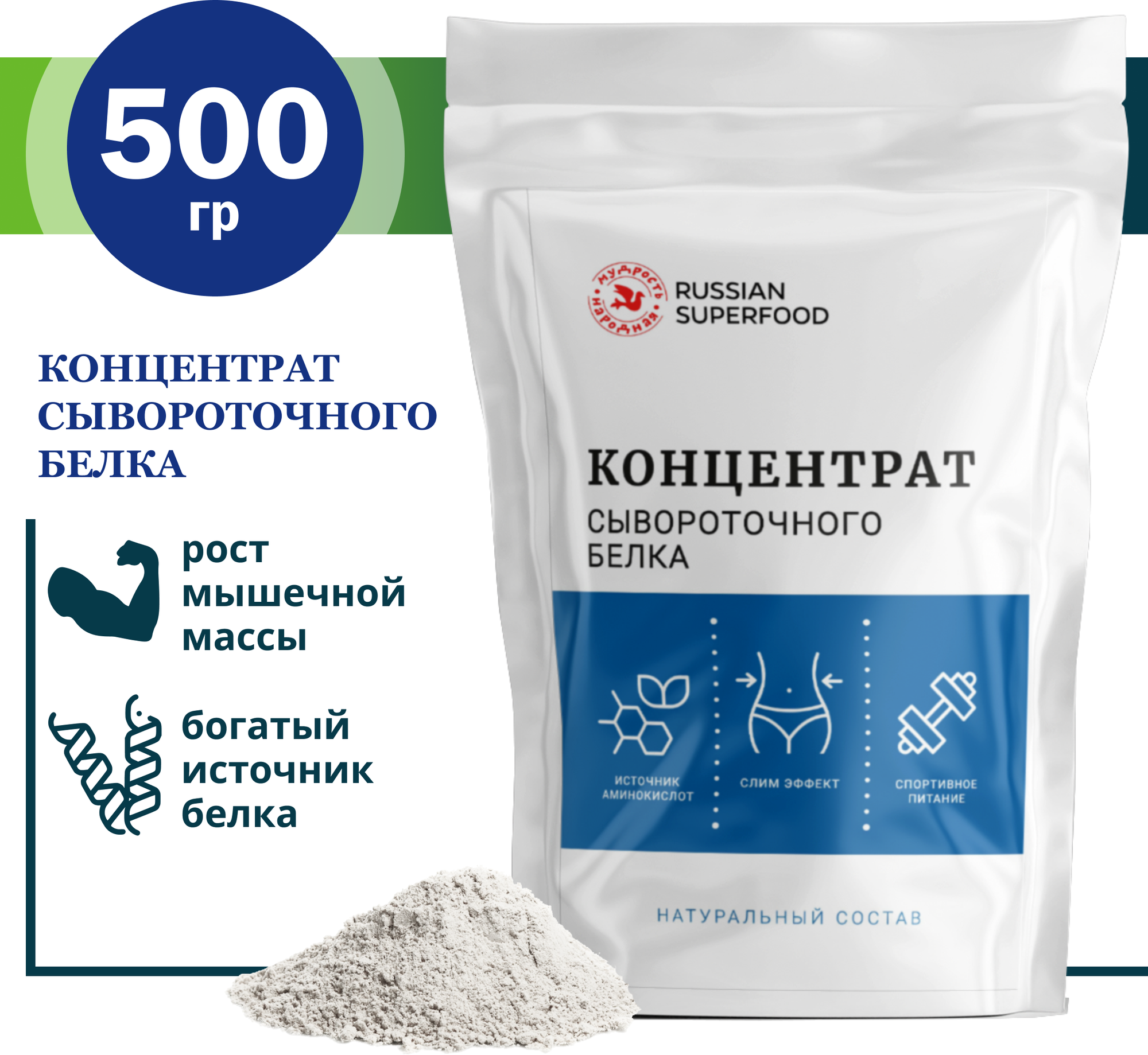 Протеин сывороточный, концентрат сывороточного белка 55% 500 г.