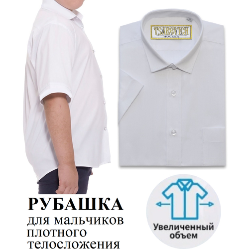 фото Школьная рубашка tsarevich, прямой силуэт, на пуговицах, короткий рукав, однотонная, размер 122-128, белый