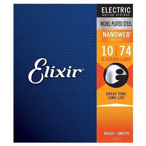 Elixir 12062 NanoWeb струны для 8-ми струнной электрогитары Light 10-74 19052 optiweb комплект струн для электрогитары никелированная сталь light 10 46 elixir