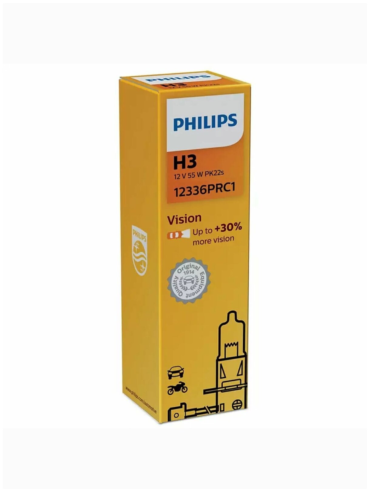 Лампа автомобильная галогенная Philips Vision +30% 12336PRC1H3 12V 55W PK22s 1 шт.